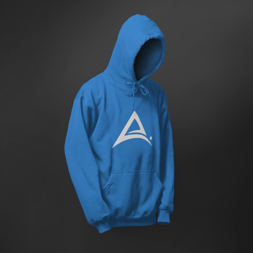 A blue hoodie with A Rebel flagship logo on front with A Rebel on the back.