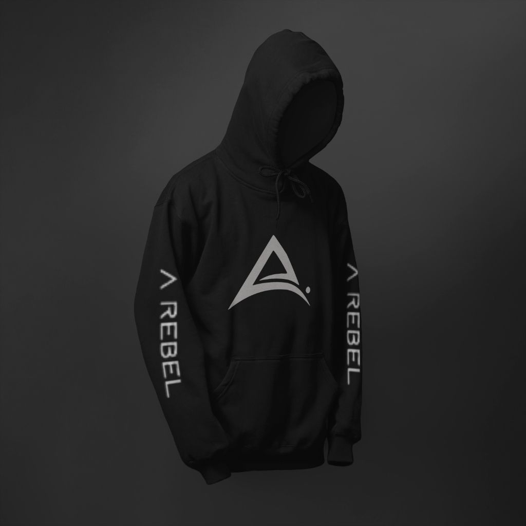 A black hoodie with A Rebel flagship logo with the word rebel on the sleeves and A Rebel on back.