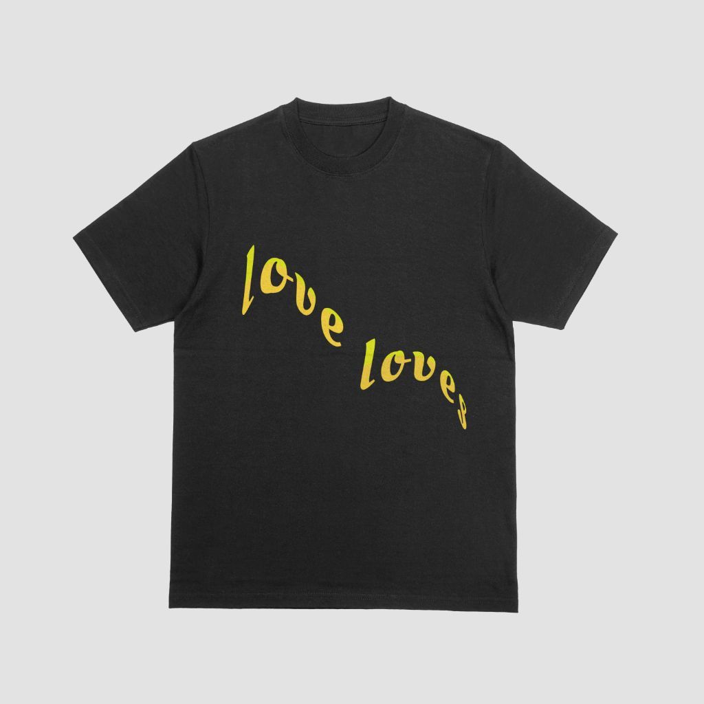 A black t-shirt with the word love loves on it.