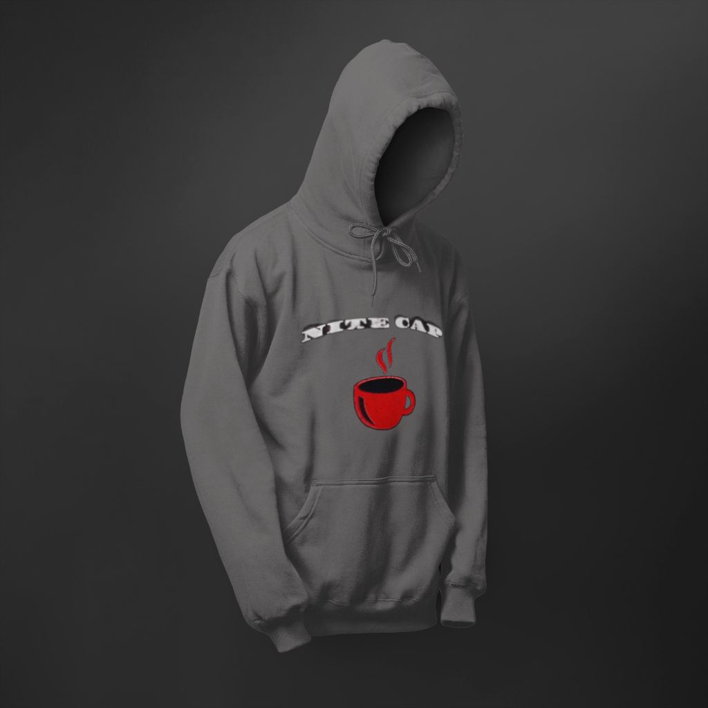A grey nite cap hoodie with a red cup of coffee on it.