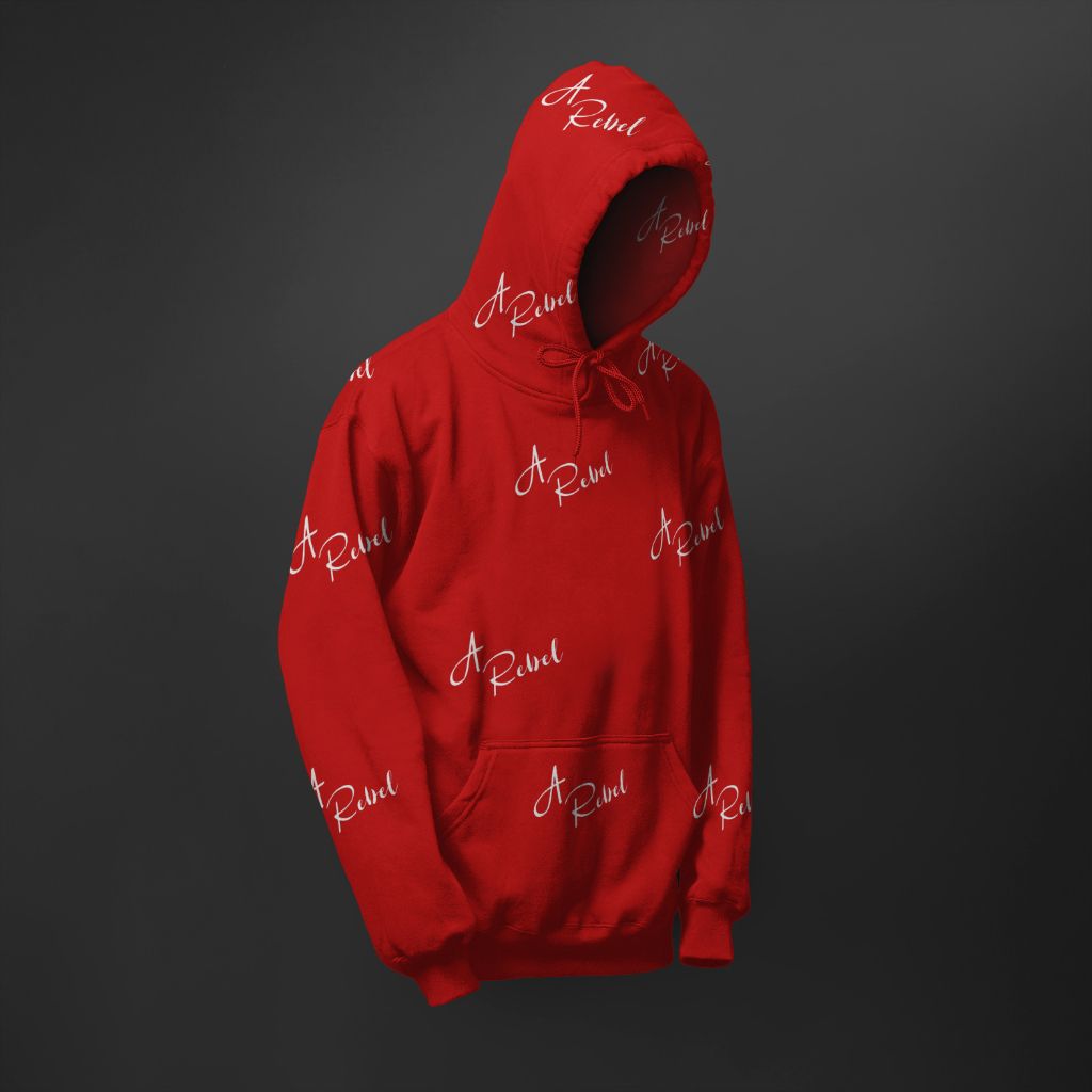 A red hoodie with A Rebel in cursive.