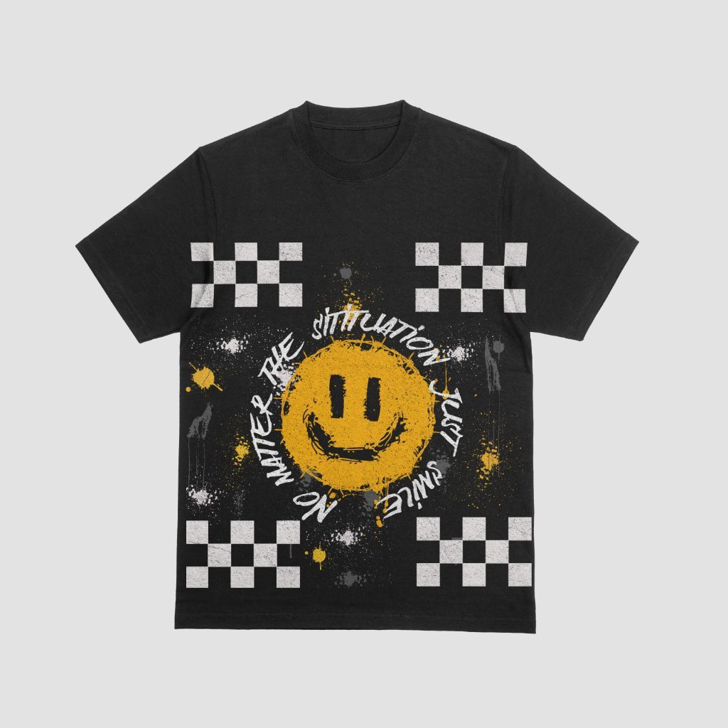 A black t-shirt with a smiley face on it saying smile no matter the situation in circle.