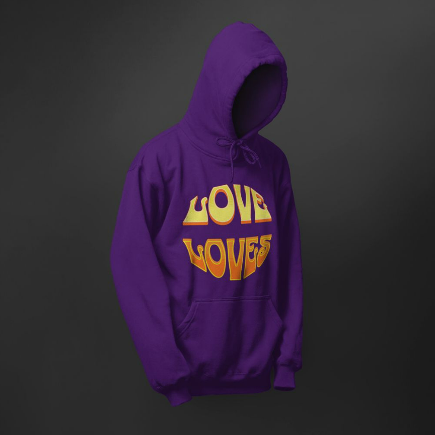 A purple hoodie with the word love loves on front in a circle