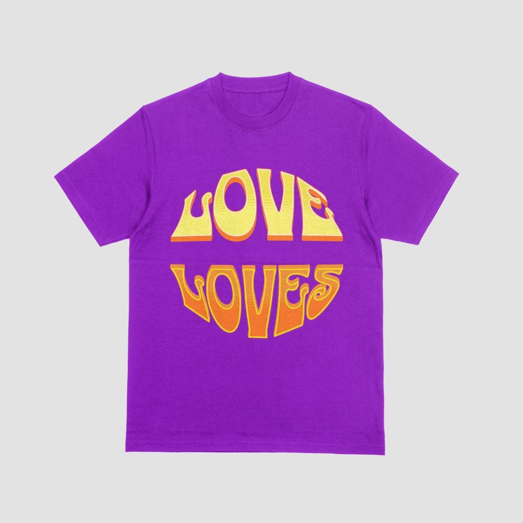 A purple t-shirt with the words love loves on it in a circle
