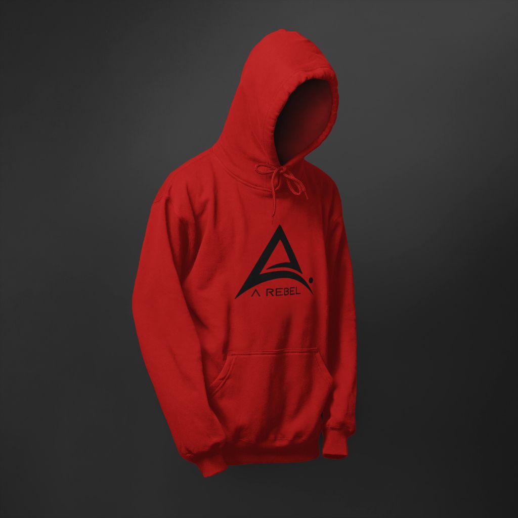 A red hoodie with a A Rebel flagship logo on front.