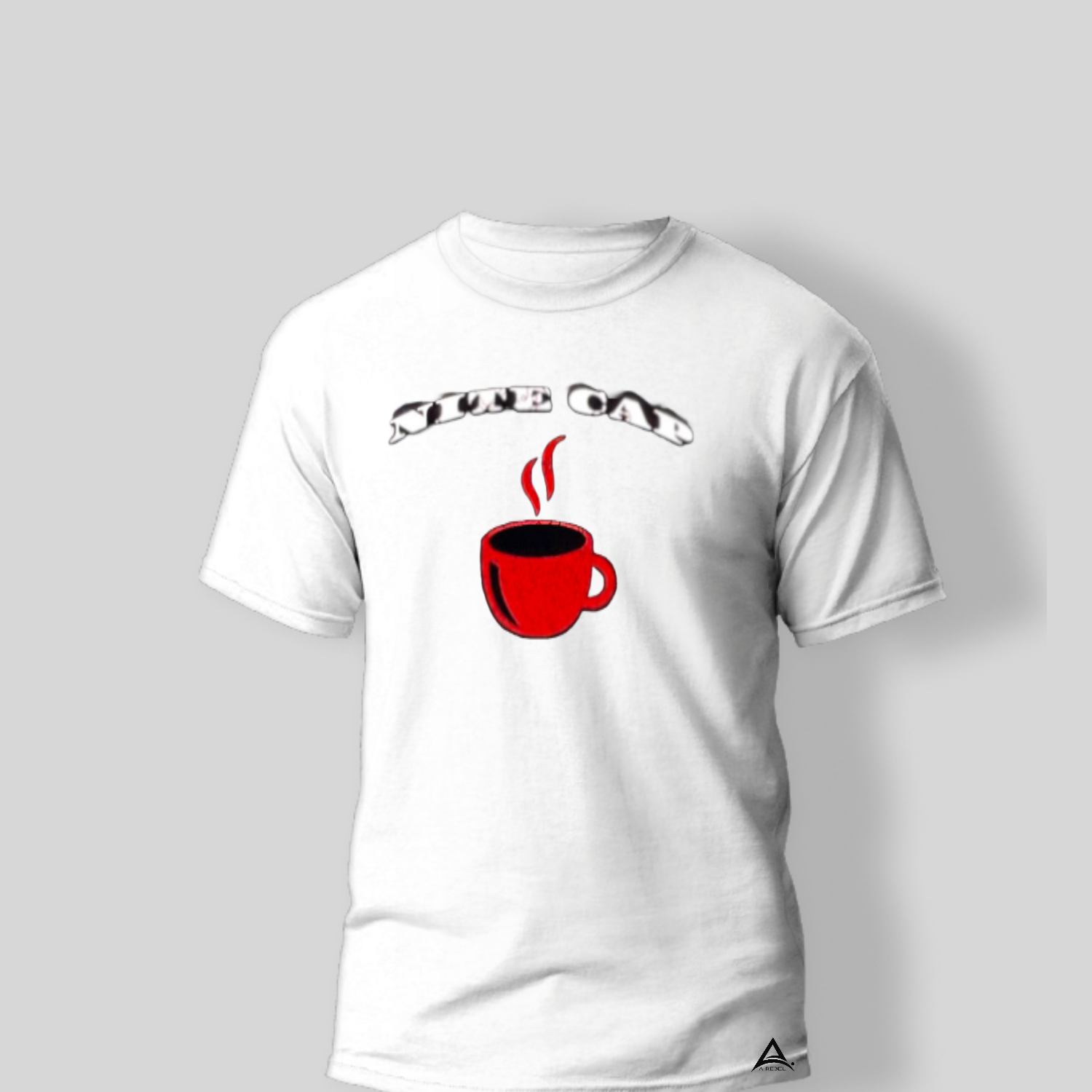 A white t-shirt with a steaming red cup of coffee on it.