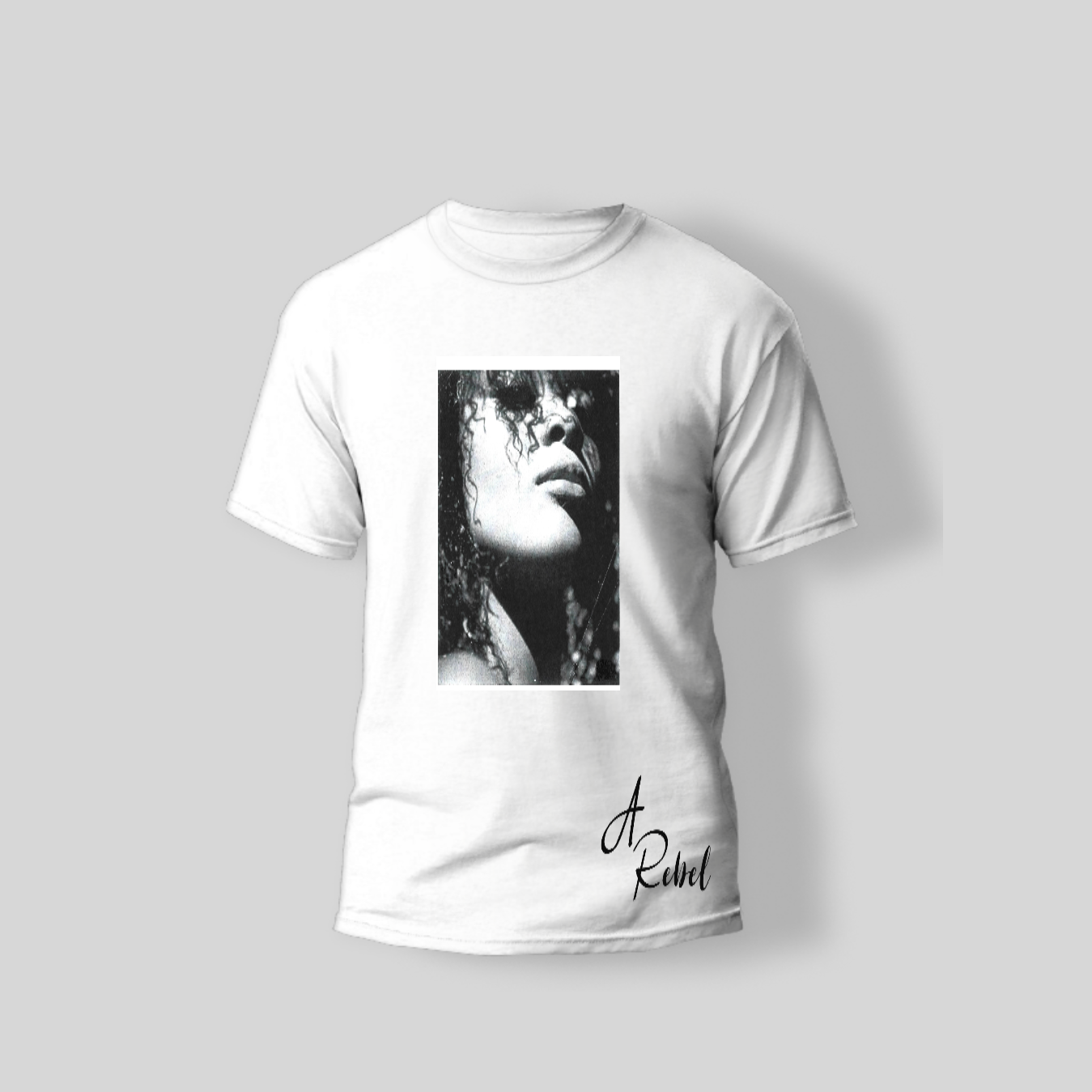 A white t-shirt with a black and white picture of a woman on it.