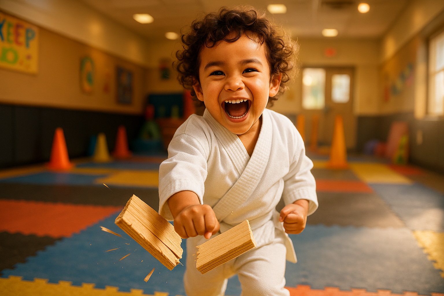 A toddler in a karate uniform in karate class at freedom martial arts in Sherman TX