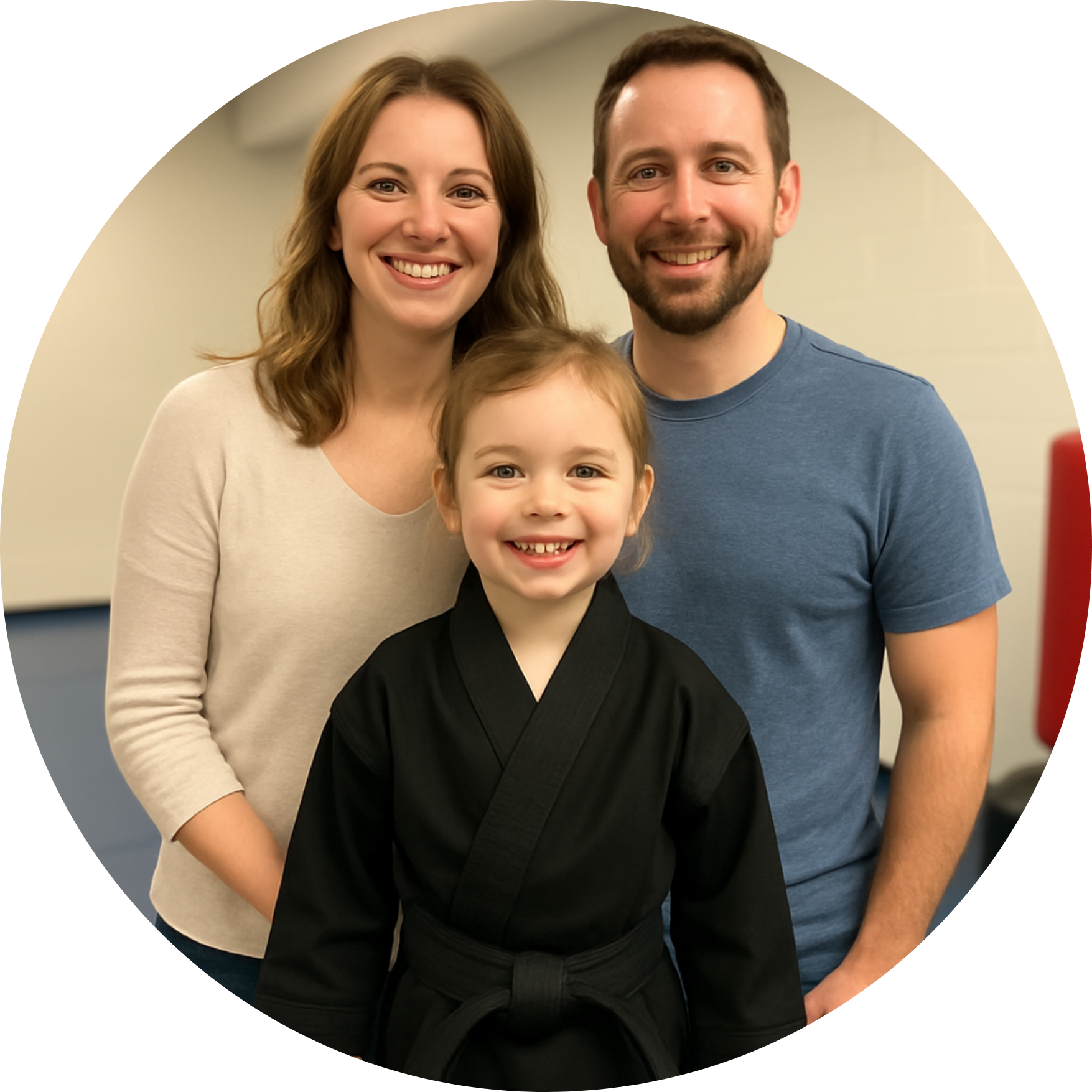 A man and woman are posing for a picture with a little boy wearing a purple belt