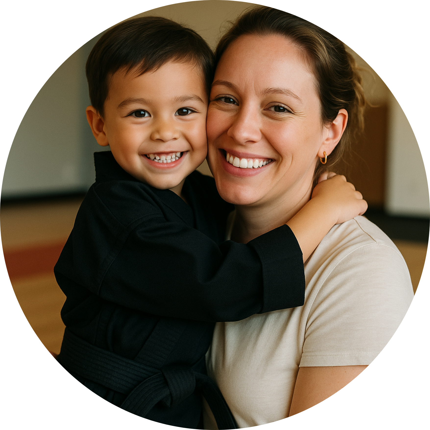 A woman is hugging a young boy who is wearing a purple belt