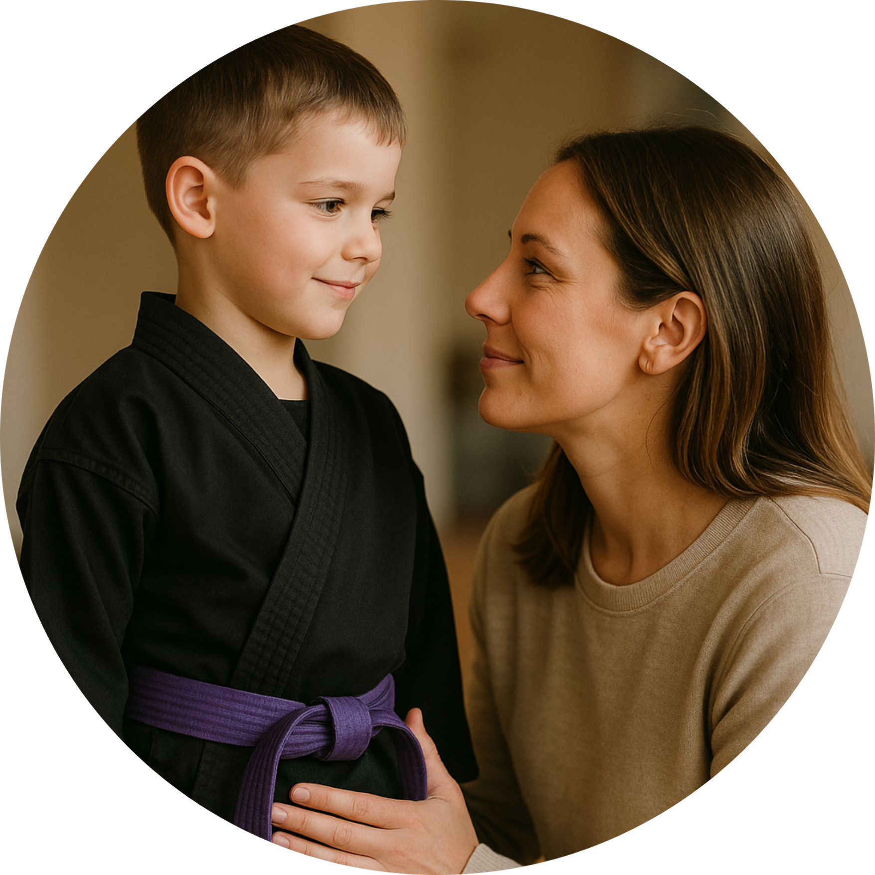 A woman and a young boy are looking at each other in a circle.
