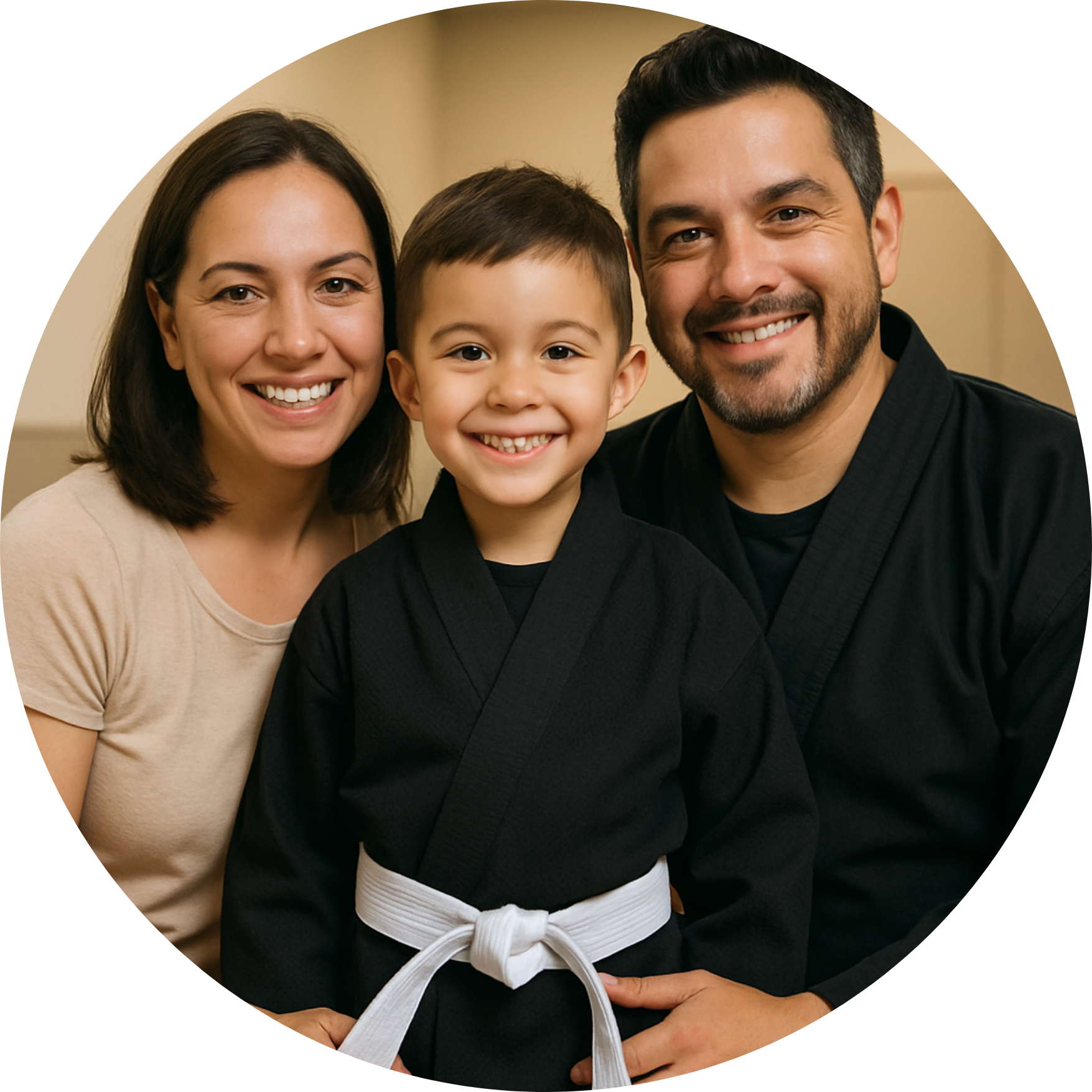 A man and woman are holding a little boy in a karate uniform