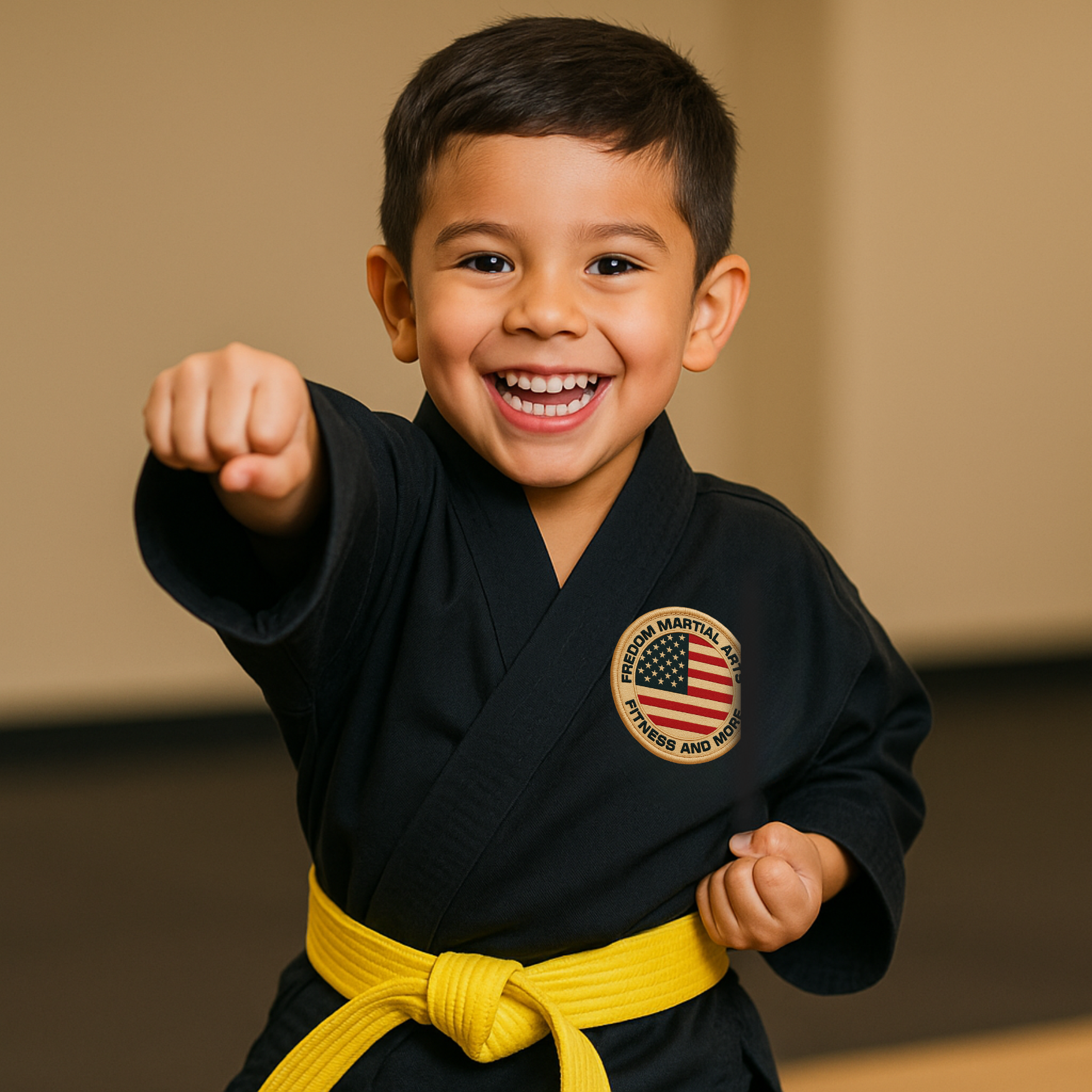 A young boy is wearing a white karate uniform and a purple belt