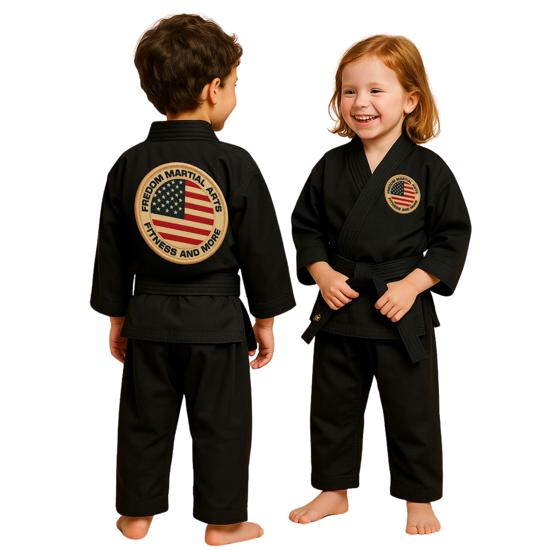 A boy and a girl are standing next to each other in karate uniforms