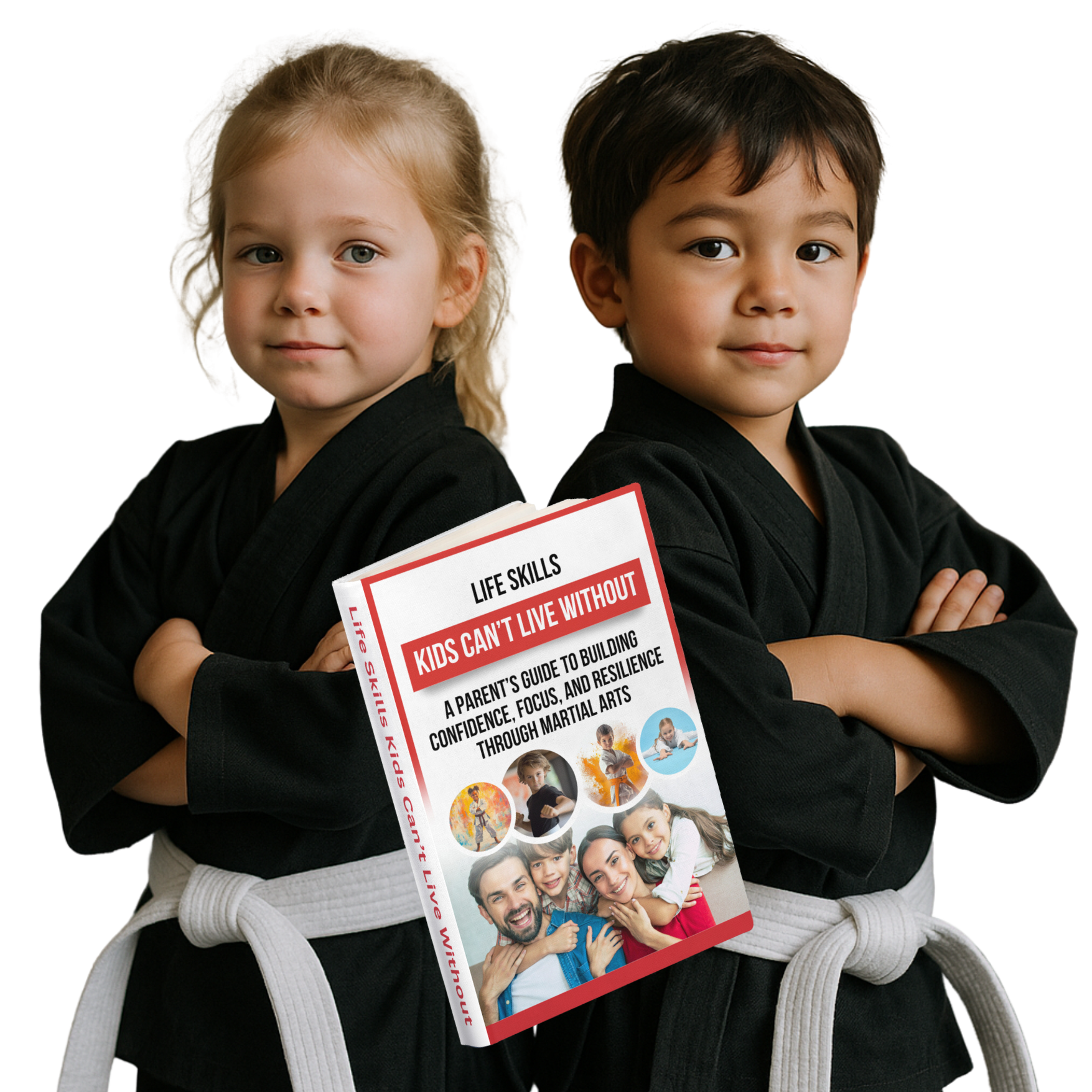 Two young boys are holding a book titled self esteem in your child through martial arts