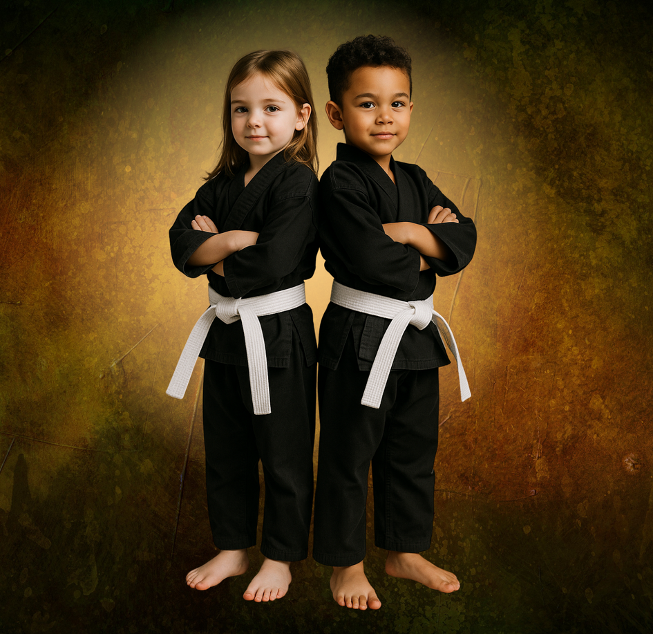A boy and a girl are standing next to each other with their arms crossed