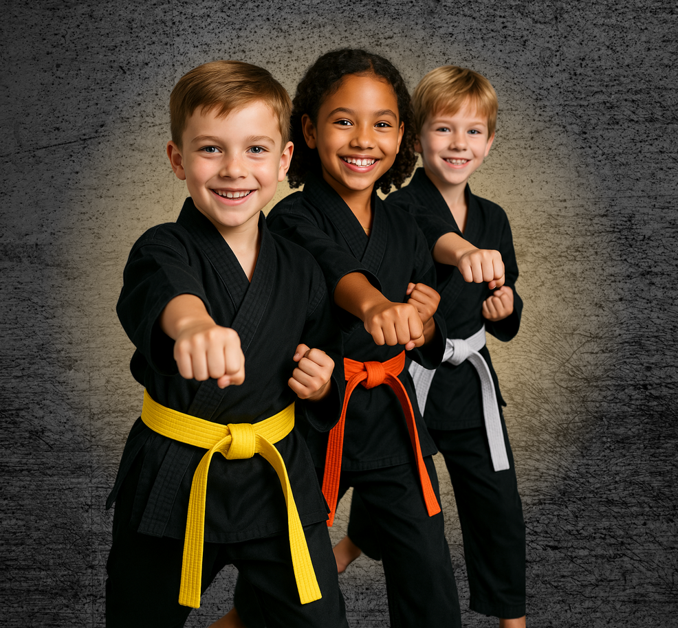 Three children wearing black karate uniforms with yellow and orange belts