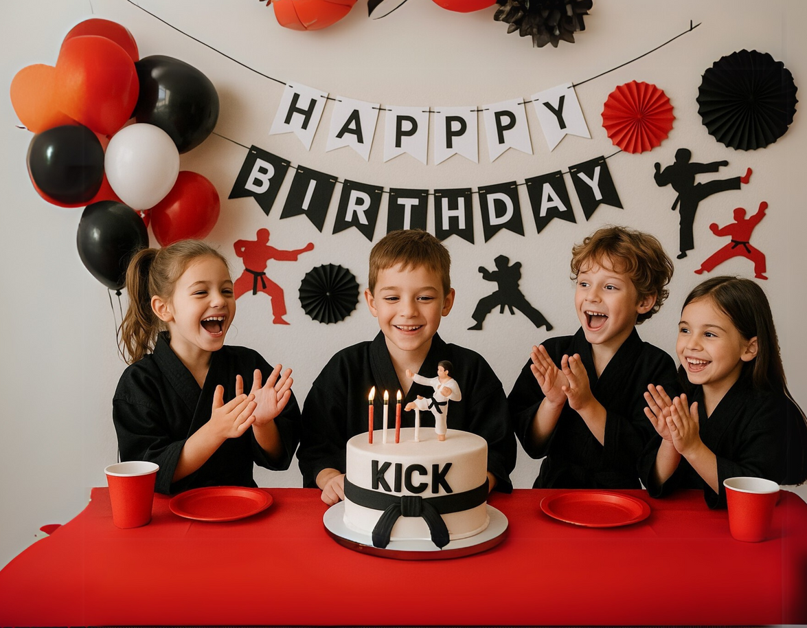 A group of children are sitting at a table with a birthday cake.