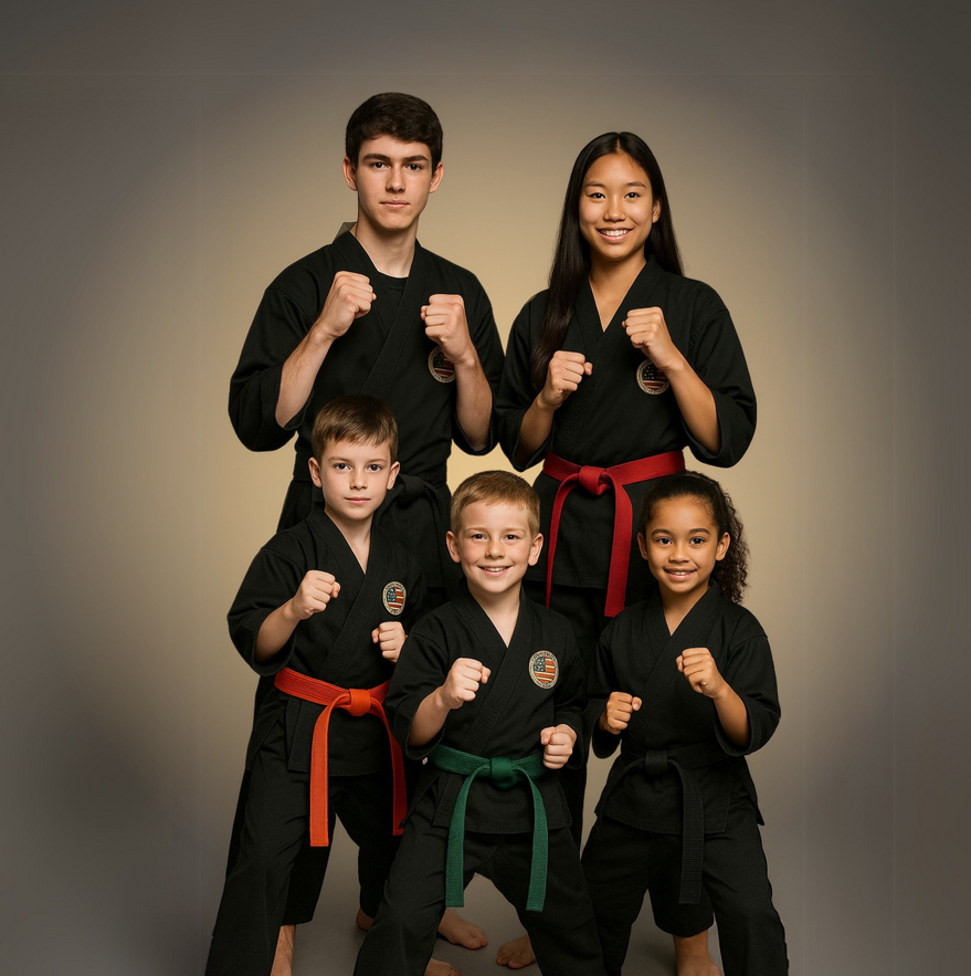 A group of children in karate uniforms are posing for a picture.