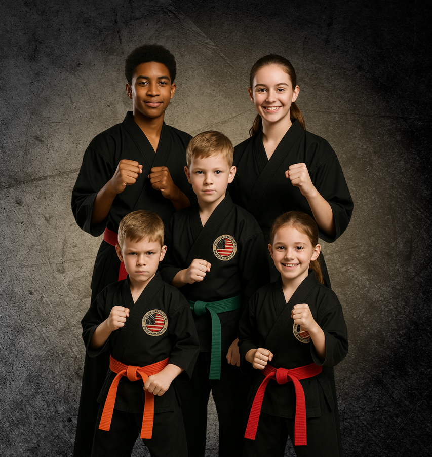 A group of kids in karate uniforms are posing for a picture
