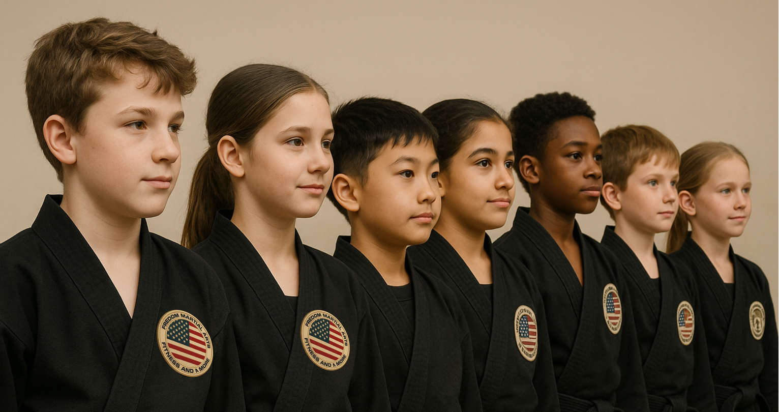 A group of children are standing in a row wearing black karate uniforms at freedom martial arts.  