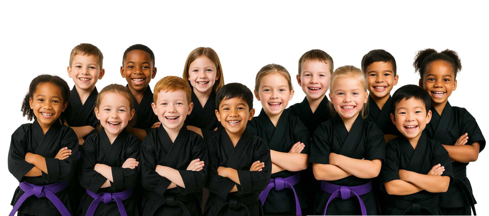 A group of young children wearing karate uniforms and purple belts.