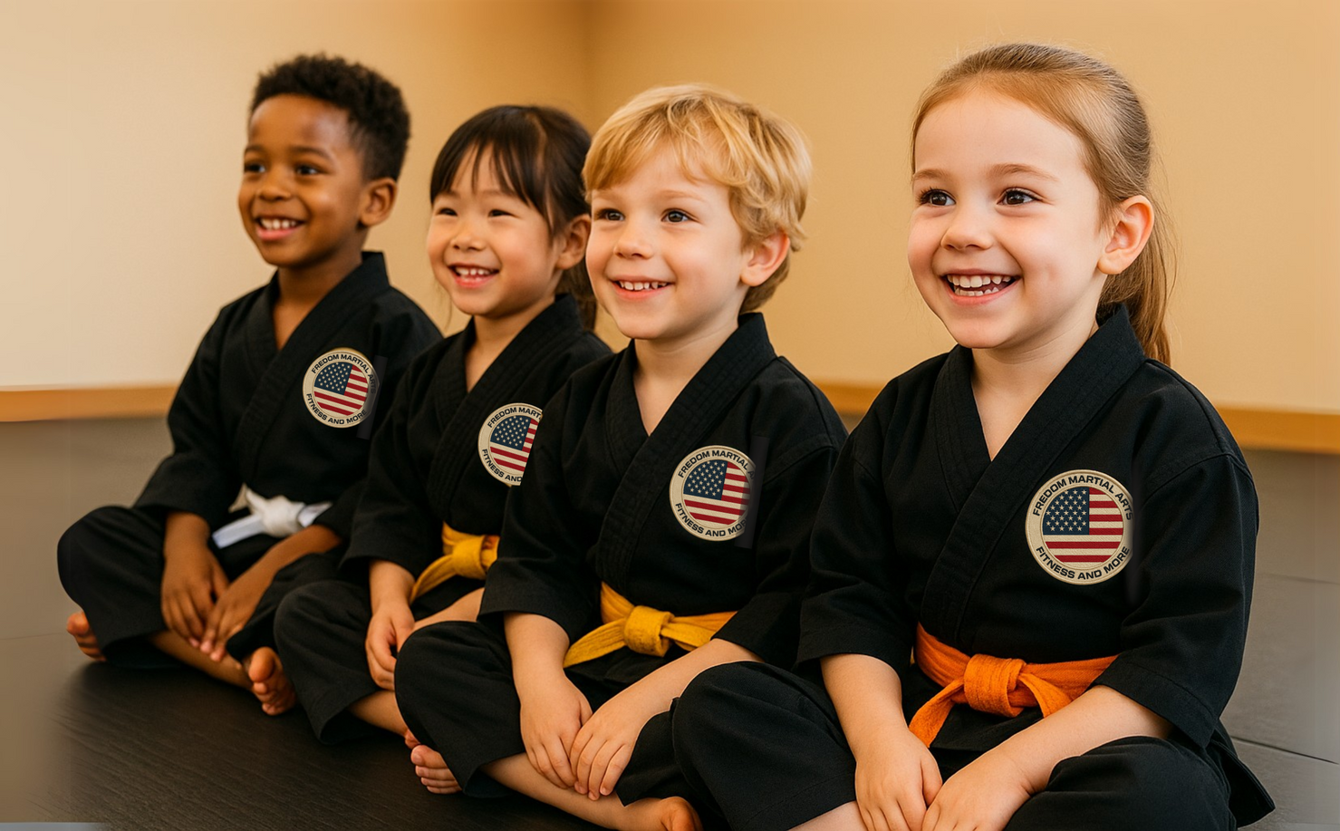 A group of young children are sitting on the floor of Freedom Martial Arts in Sherman TS