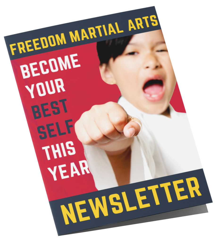A martial arts newsletter with a picture of a boy pointing