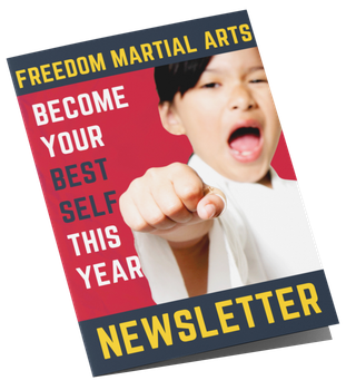 A martial arts newsletter with a picture of a boy pointing