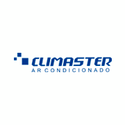 Um logotipo azul e branco para climaster ar condicionado em um fundo branco.