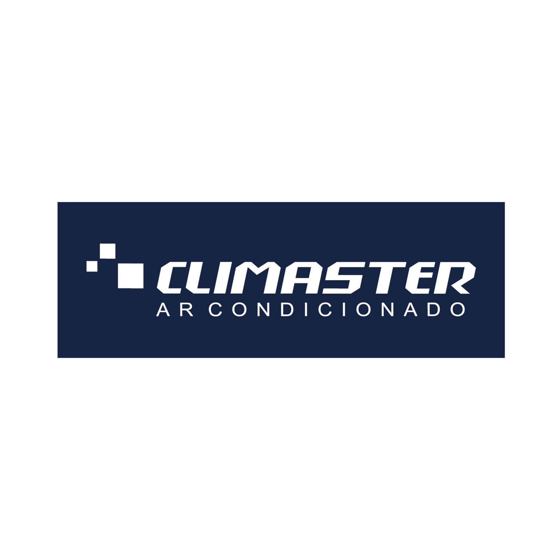 A blue and white logo for climaster ar condicionado.