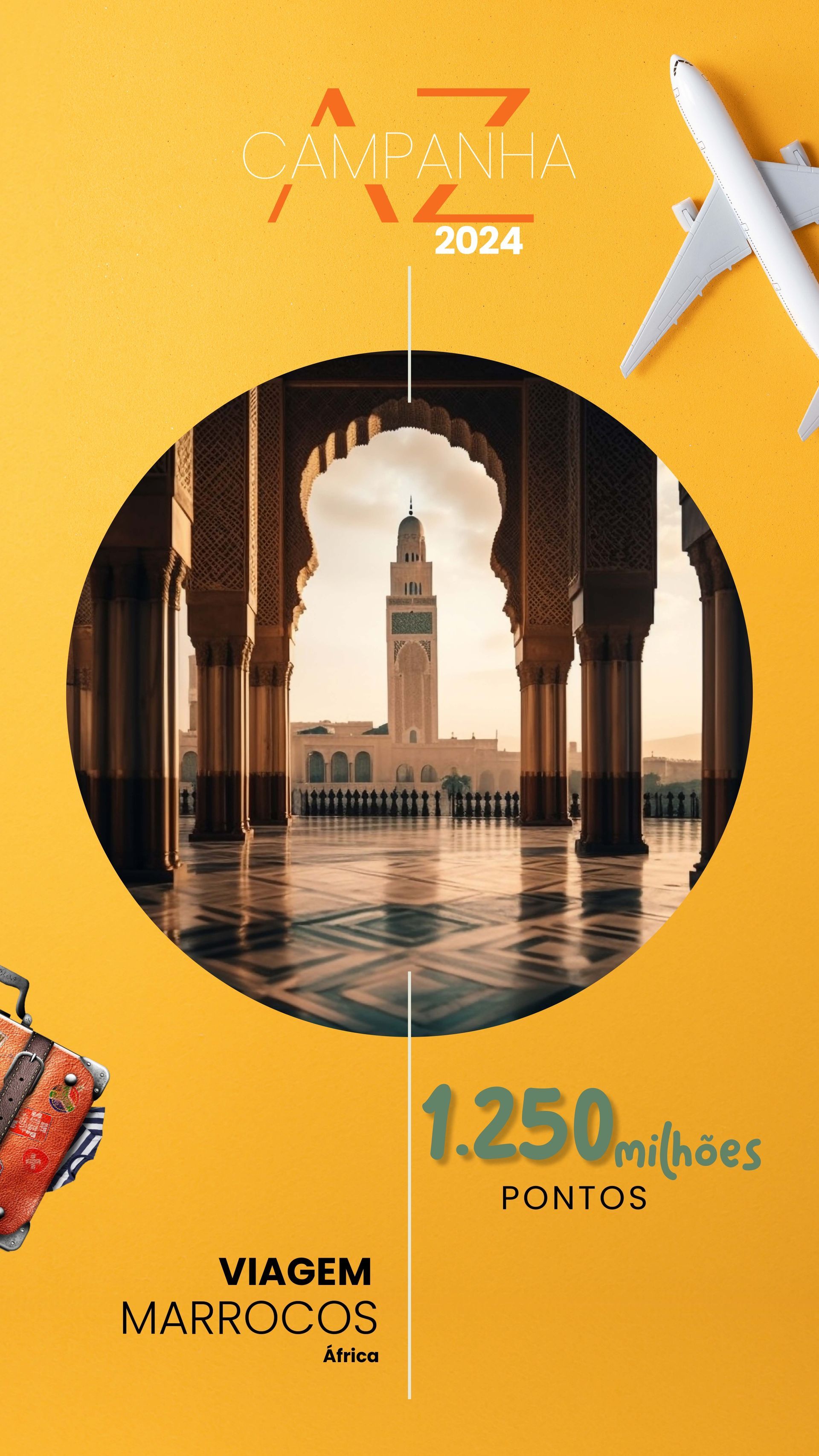 Um pôster com a imagem de uma mesquita e um avião em um fundo amarelo.