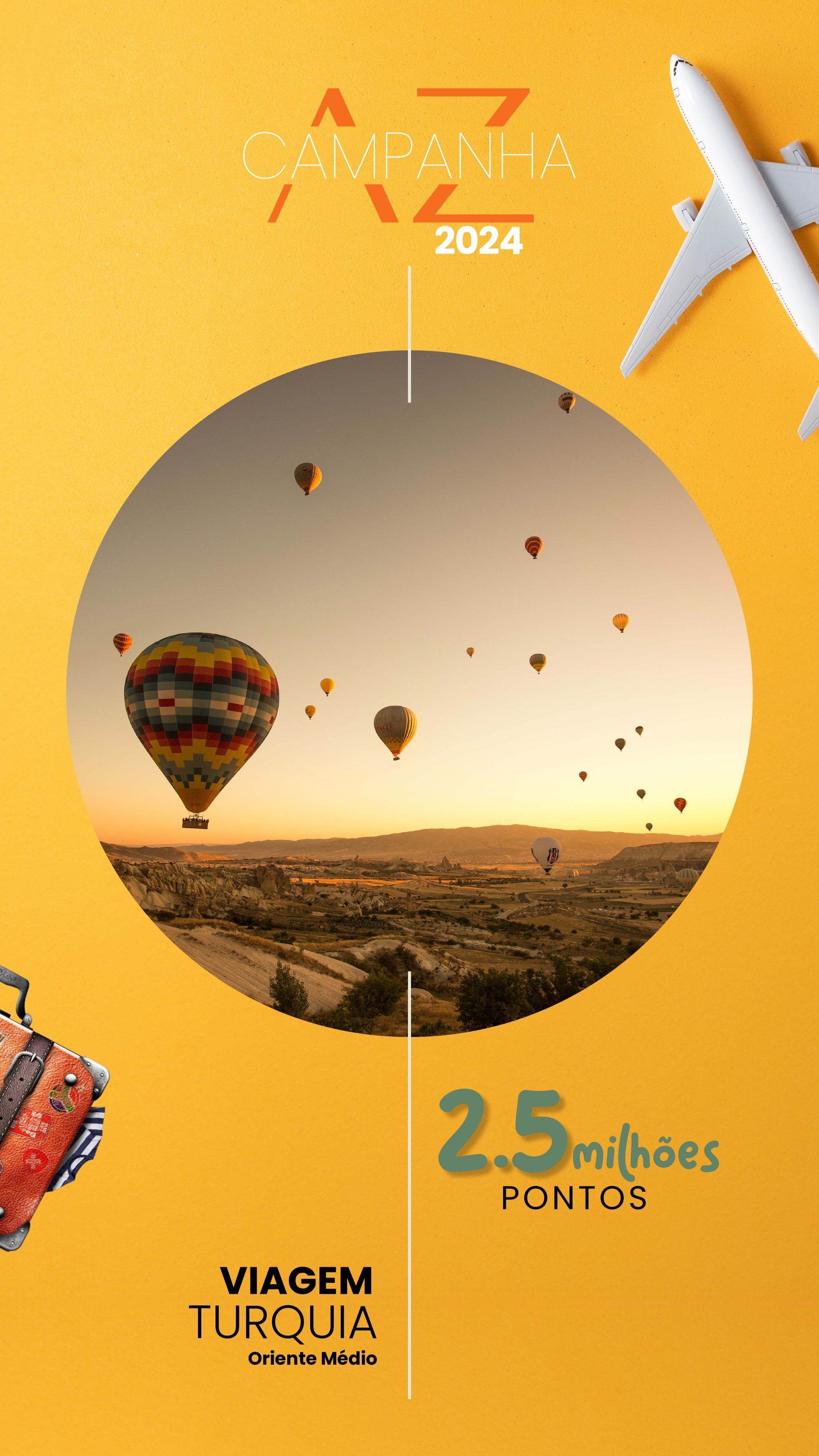 Um pôster com uma imagem de balões de ar quente e um avião em um fundo amarelo.