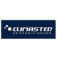 A blue and white logo for climaster ar condicionado.