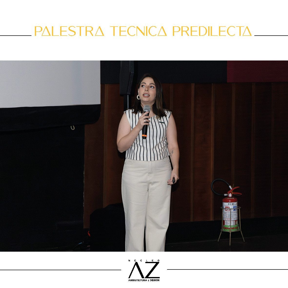 Uma mulher falando em um microfone com as palavras palestra técnica predilecta acima dela