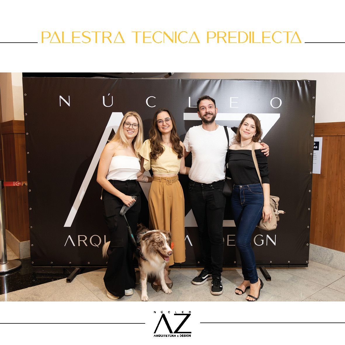 Um grupo de pessoas em pé em frente a uma placa que diz palestra tecnica predilecta