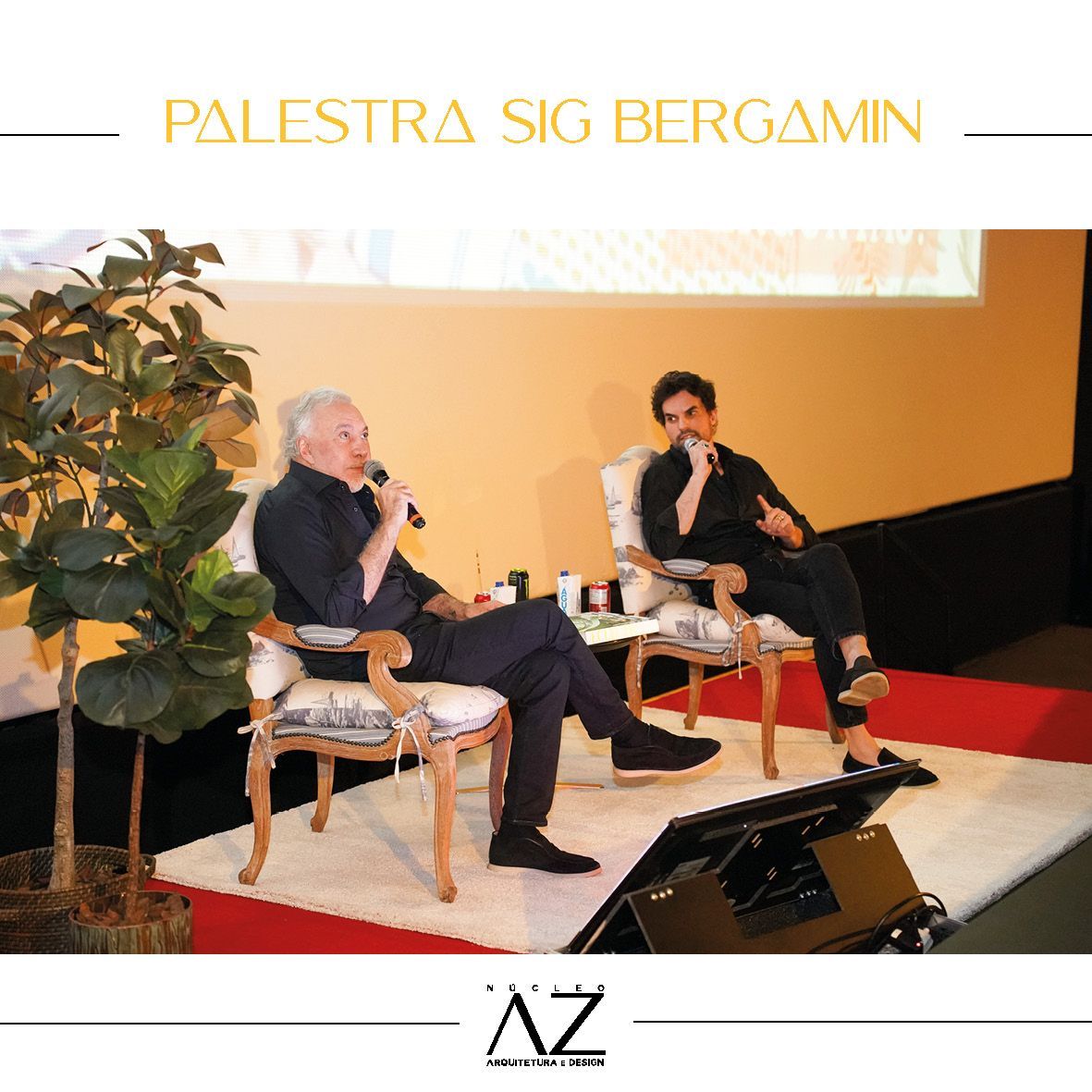 Um cartaz para palestra sig bergamin com dois homens sentados em cadeiras