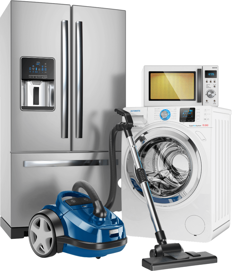 Refrigerator, washing machine, microwave, vacuum cleaner. Household appliances in a group.
