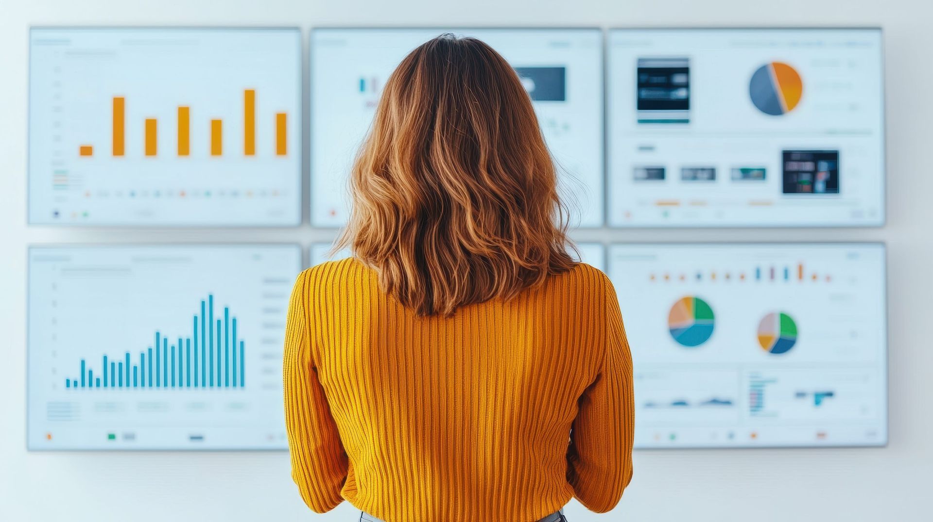 A woman is looking at a bunch of graphs on a wall.