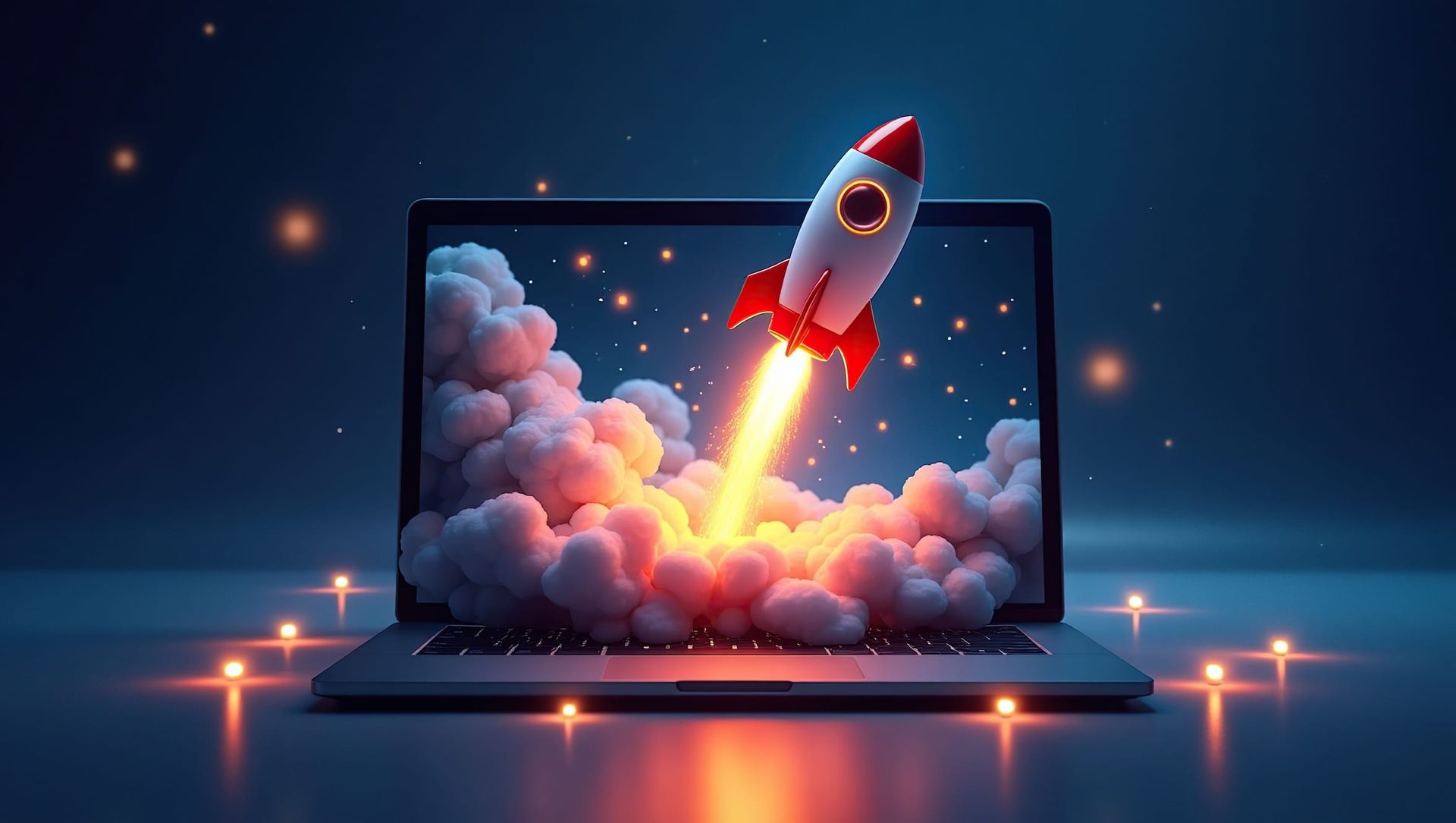 A rocket is taking off from a laptop screen.