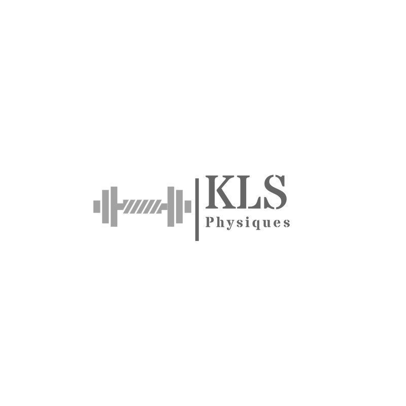 A black and white logo for kls physiques with a dumbbell.