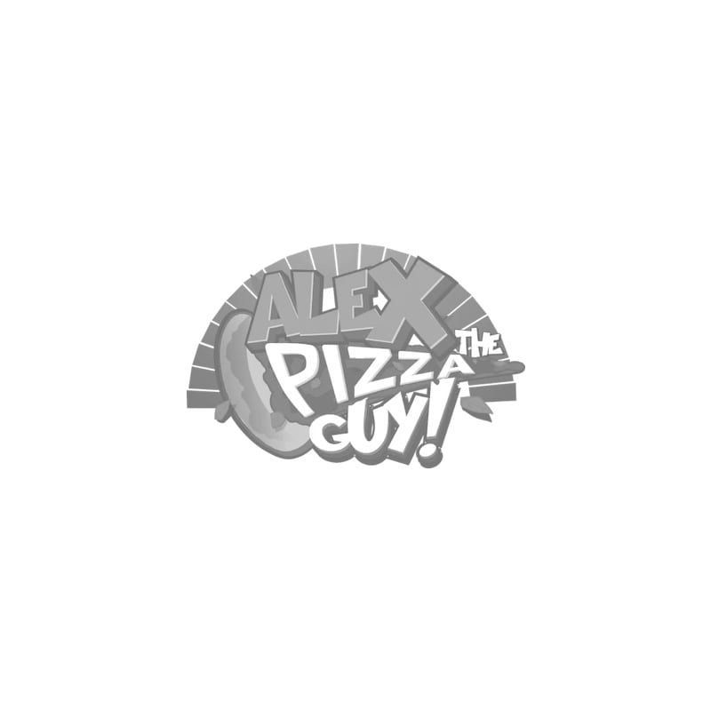 A black and white logo for alex the pizza guy.