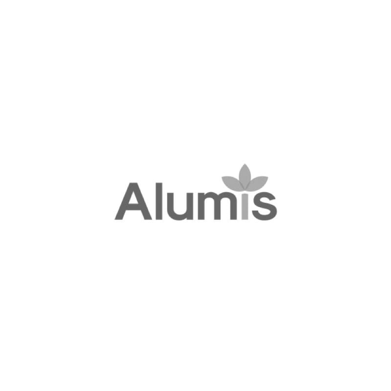 A black and white logo for a company called alumis.