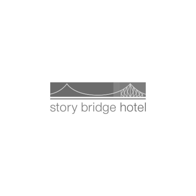 A logo for the story bridge hotel with a bridge in the background.
