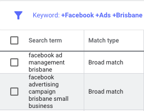 Search Terms for Broad Match Modifier Facebook Ads Brisbane