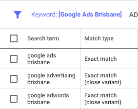 Search Terms for Exact Match for Google Ads Brisbane