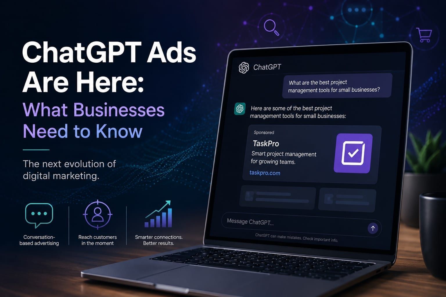 Dark ad for ChatGPT Ads launch with laptop mockup and bold “ChatGPT Ads Are Here” text