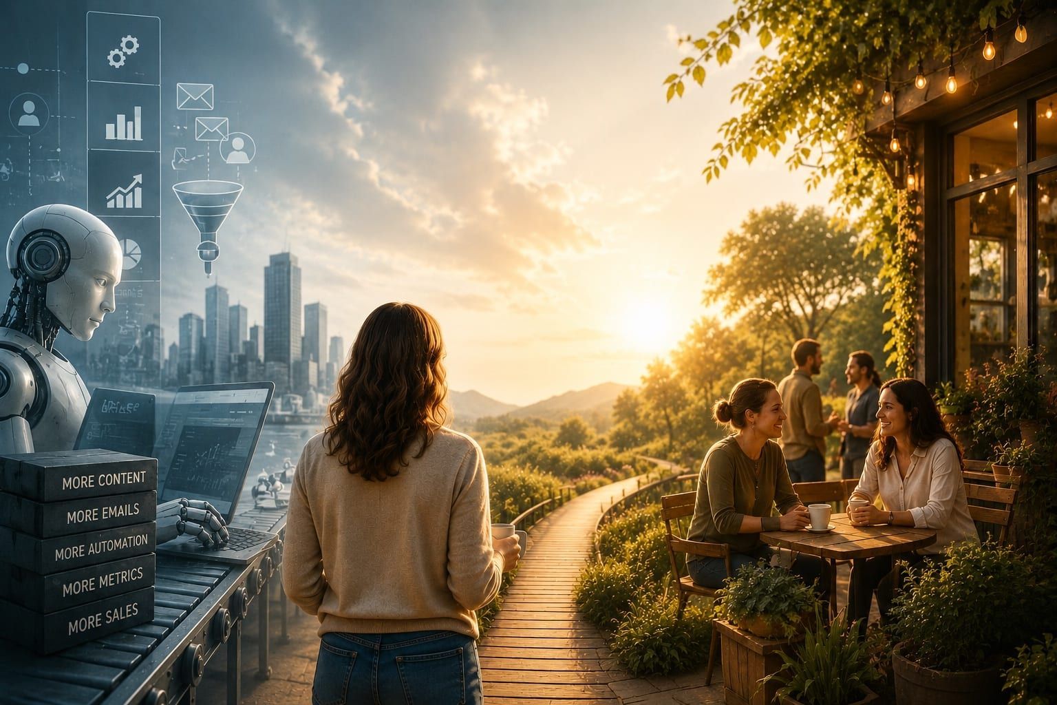 Futuristic city and garden scene with people outdoors at sunset, blending technology and nature