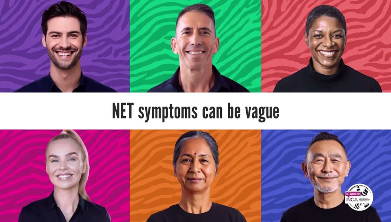 Six portrait photos over purple, green, red, pink, orange, and blue backgrounds with the text “NET symptoms can be vague”