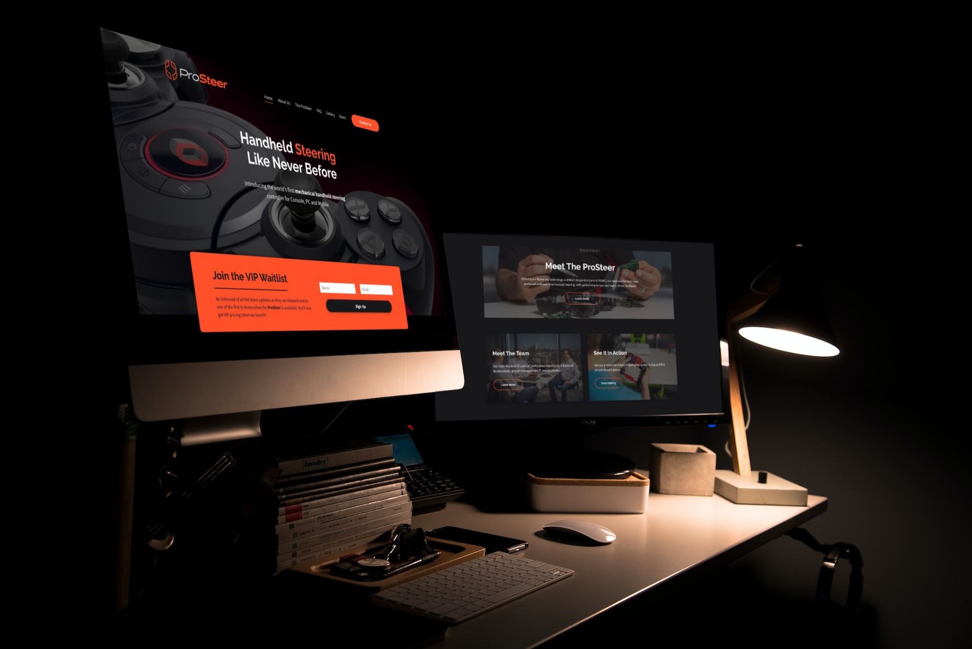 a computer monitor is sitting on a desk in a dark room .